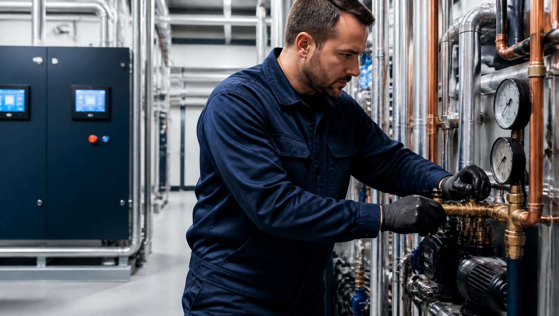 Engineer servicing HVAC pipework and valves